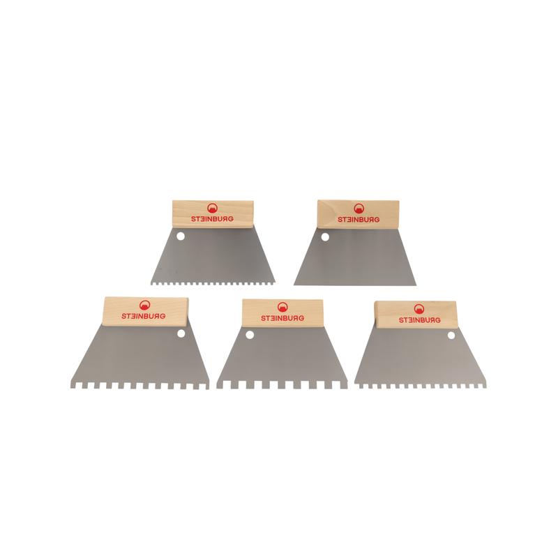 STEINBURG® Aufstreichspachtel-Set Alu 180 mm – 5 Wechselblätter mit Zahnungen 4x4 bis 10x10 mm