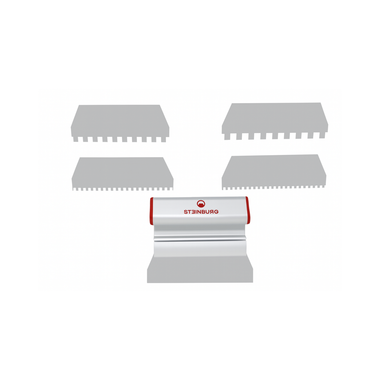 STEINBURG – „Aufstreichspachtel-Set 180 mm“ mit Zahnungen 4×4, 6×6, 8×8, 10×10 mm & Glattblatt