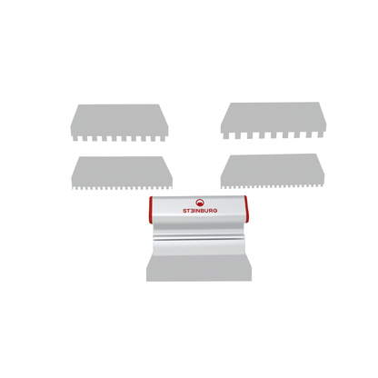 STEINBURG – „Aufstreichspachtel-Set 180 mm“ mit Zahnungen 4×4, 6×6, 8×8, 10×10 mm & Glattblatt