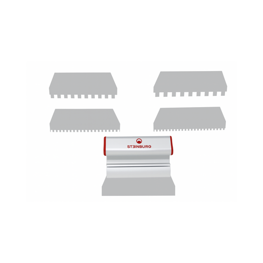 STEINBURG – „Aufstreichspachtel-Set 180 mm“ mit Zahnungen 4×4, 6×6, 8×8, 10×10 mm & Glattblatt